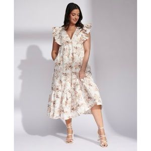 Abercrombie & Fitch Cream Floral Ruffle Midi Dress